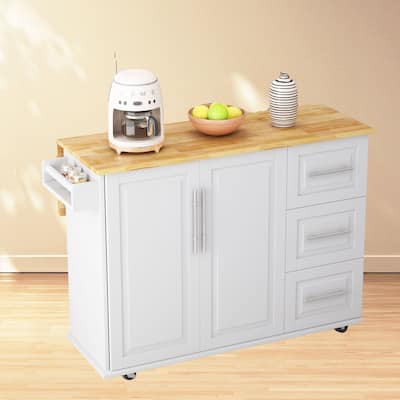 White Kitchen Island Cart with Expandable Solid Wood Table Top, 2 Cabinets, 3 Drawers, Spice & Towel Rack - 43.31"