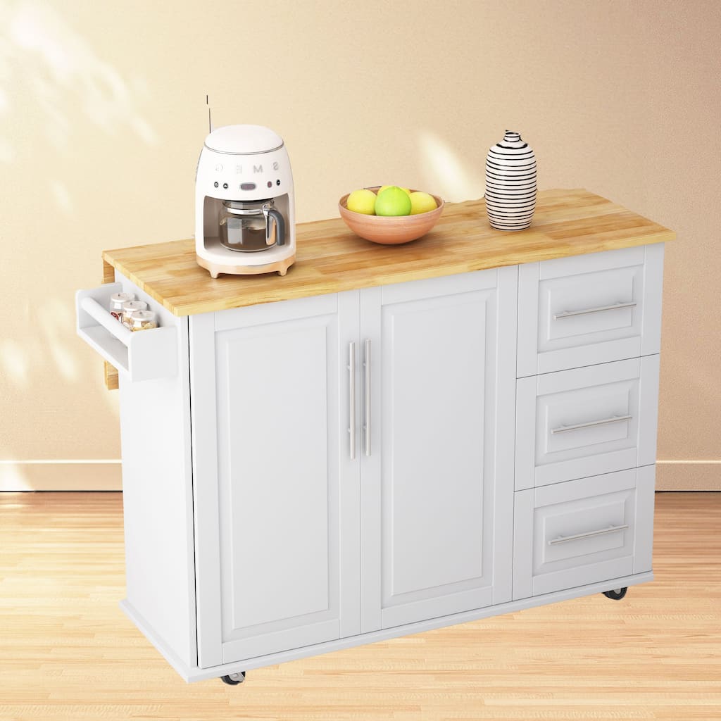 White Kitchen Island Cart with Expandable Solid Wood Table Top, 2 Cabinets, 3 Drawers, Spice & Towel Rack - 43.31"