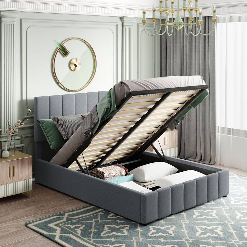 Linen Upholstered Platform Bed with a Hydraulic Storage System - Full - Grey