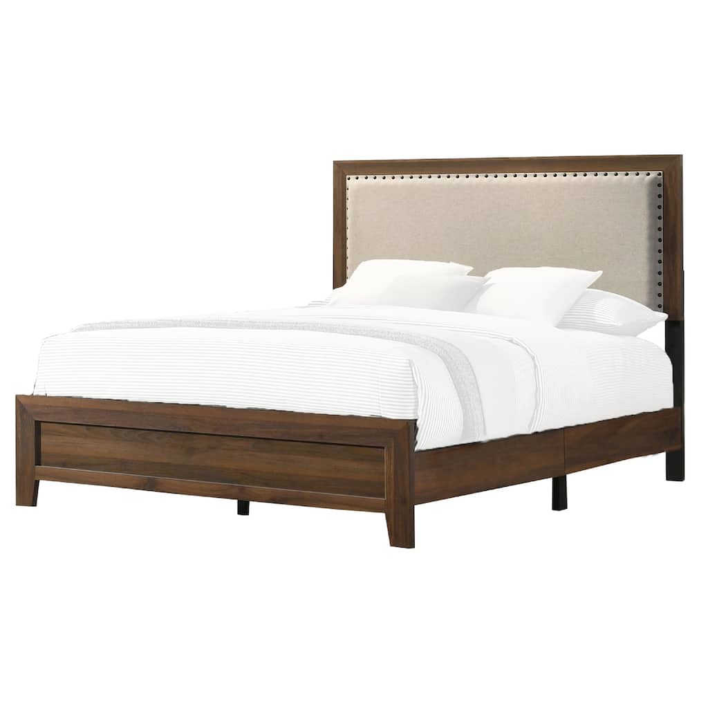 Shannon King Bed with Nailhead Trim, Ivory Fabric on, Cherry Brown Wood