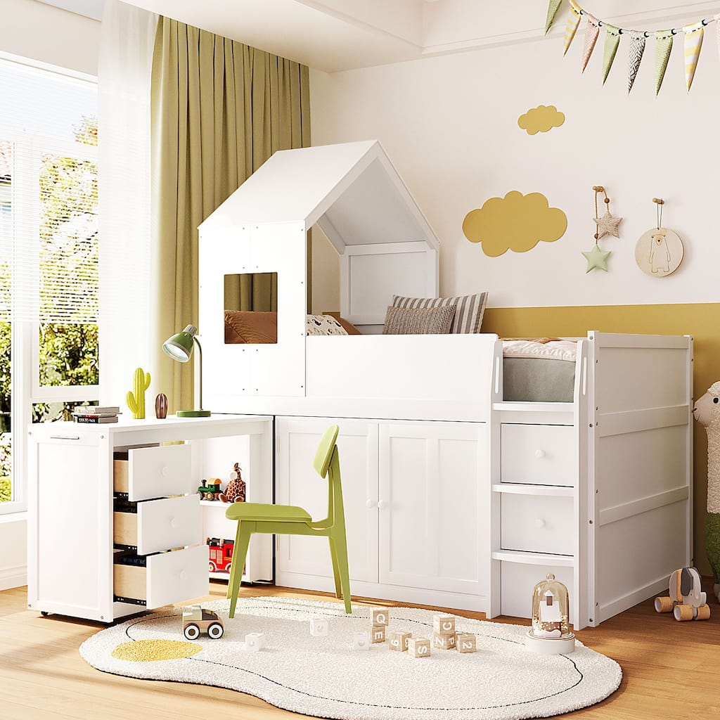 House-Style Kids Loft Bed Frame with Cabinets, Desk, Twin Size Wooden Loft Bed with Safety Guardrail & Storage Ladder