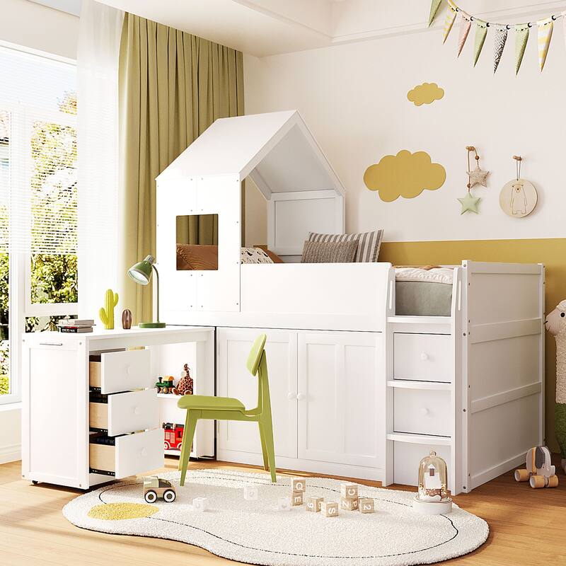 Roomfitters Twin Size House Loft Bed with Rolling Desk, Storage Cabinets and Staircase, All-in-One Space Saving Sleeper - White - Twin