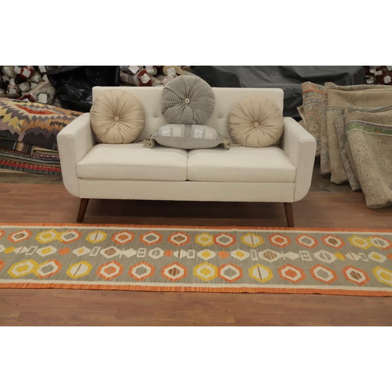 Hand Woven Oriental 100% Wool Carpet Southwestern Tribal Greys & Charcoal Kilim Runner Rug - 11' 6'' X 2' 8''