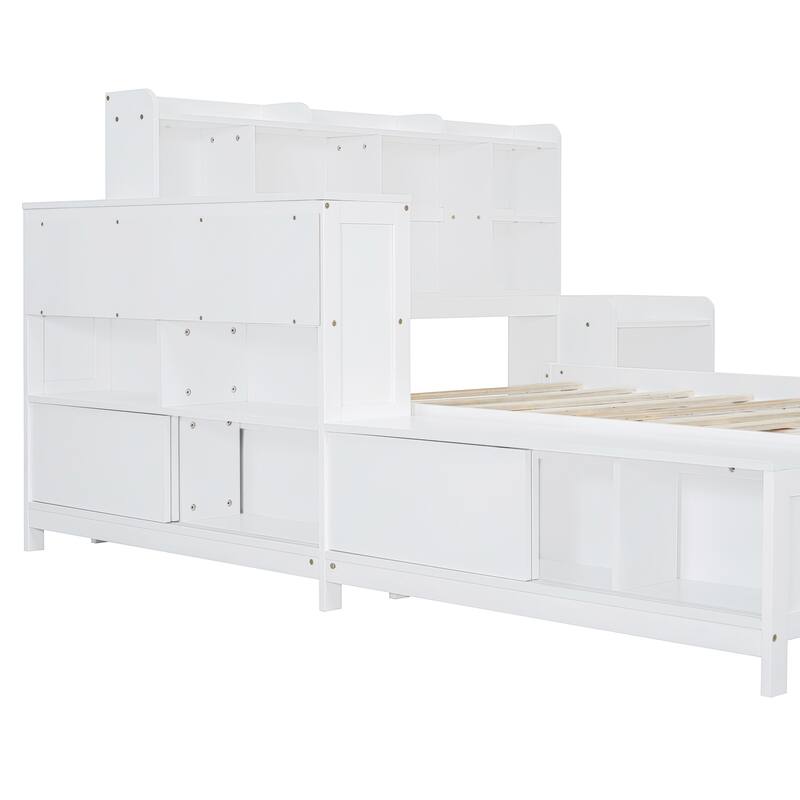 Full Size Wooden Platform Bed with Storage, Nightstand, Desk, USB Ports & 2 Drawers,White