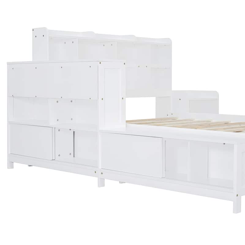Solid Pine Full Bed Frame, Full Size Wooden Platform Bed with Storage Headboard, 2 Drawers, Nightstand, Desk and USB Ports