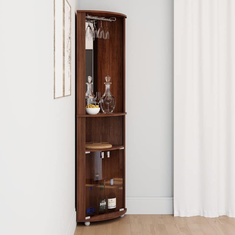 Brown Corner Bar Cabinet with Glass Rack, 2 Doors & Open Shelves - MDF - Brown