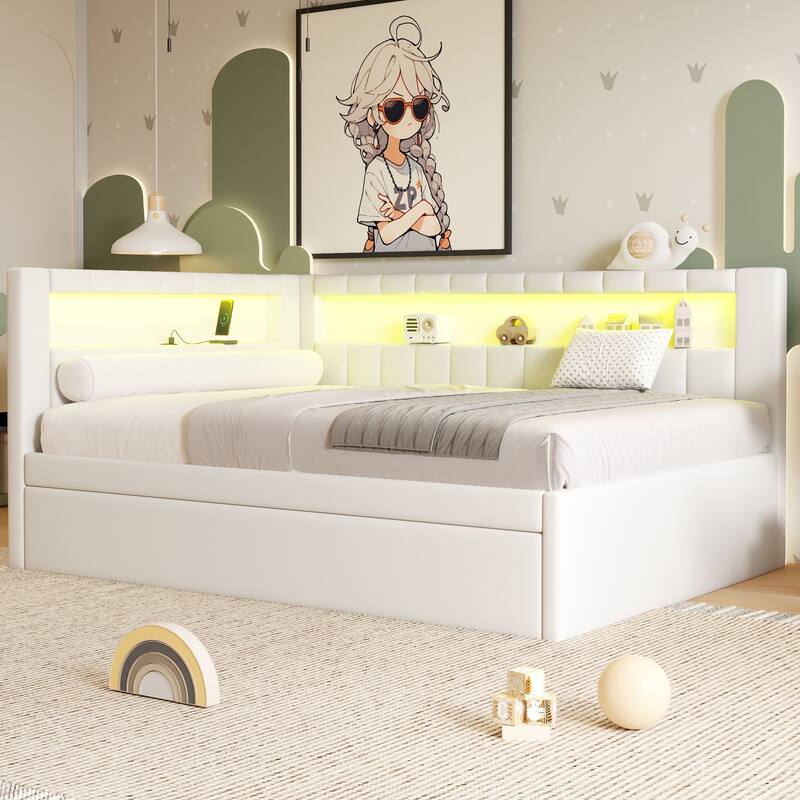 L-Shaped Daybed Linen Upholstered Corner Sofa Bed Built-in USB Ports and LED Belt Platform Bed with Optional Trundle or 2 Drawer