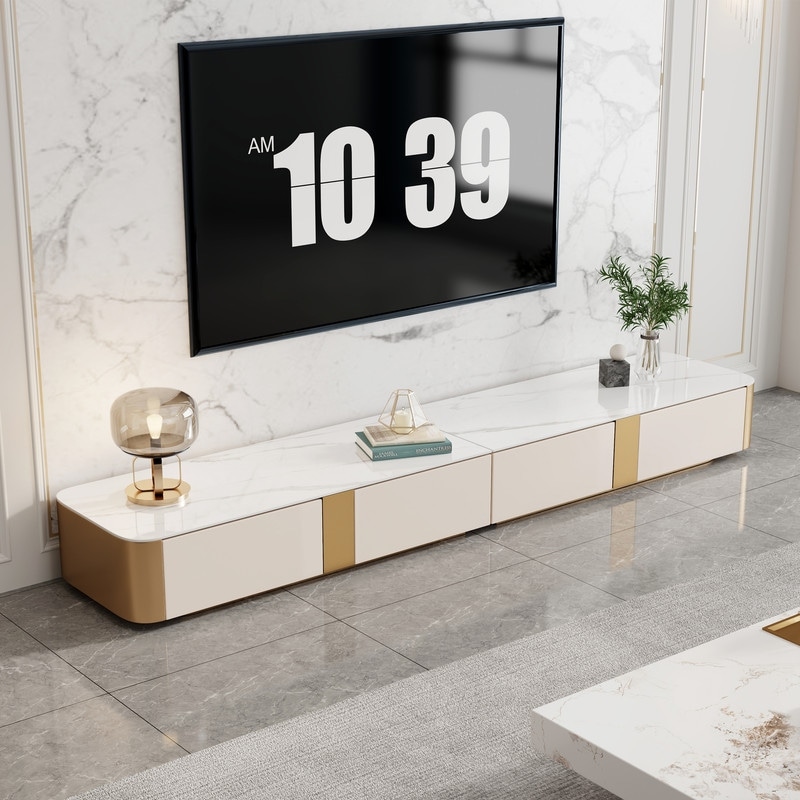 Modern White and gold artificial marble TV stand with drawers in the living room