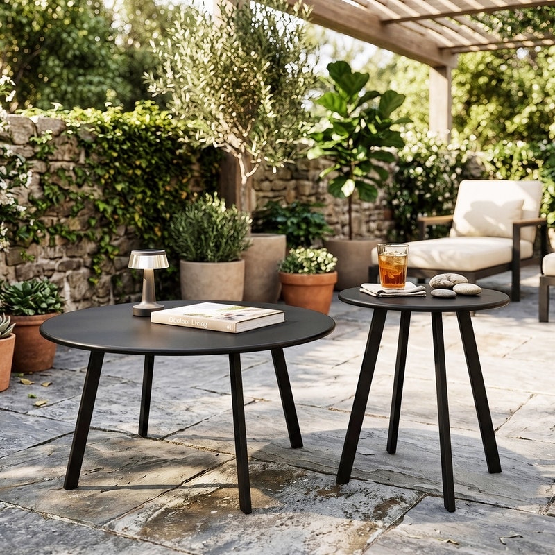 2-Piece Round Nesting Coffee Table Set with Black Metal Frame