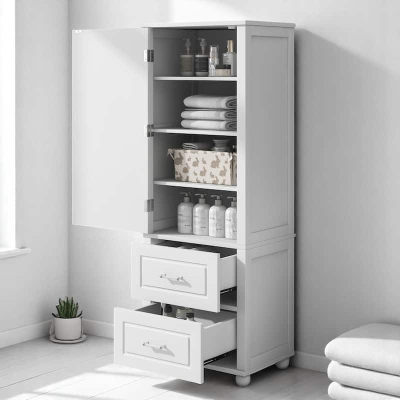 Freestanding Bathroom Cabinet with Doors, 2 Drawers & Adjustable Shelves, White MDF Tower Storage Unit
