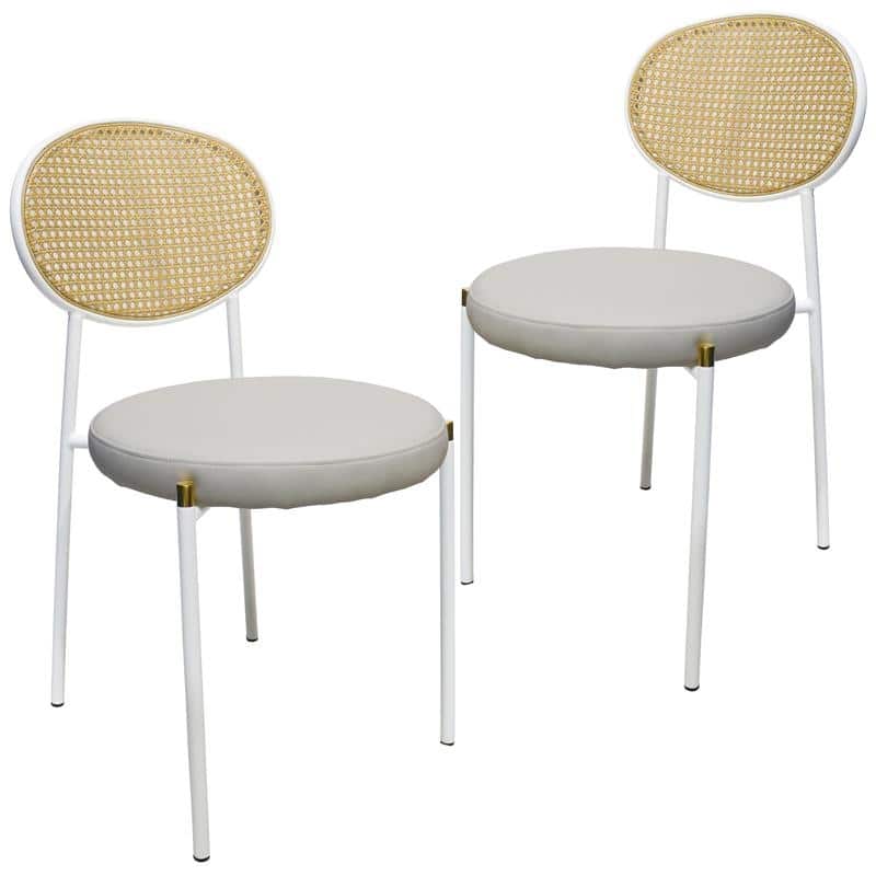 LeisureMod Euston Modern Dining Chair with Upholstered Velvet Seat - Wicker Back and White Stainless Steel Legs Accent Chair - White Leather