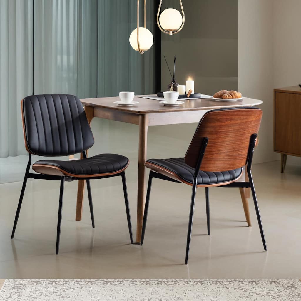 Dining Chairs Set of 2 Modern Retro Faux Leather Chair with Walnut Bentwood Back Upholstered Seat Metal Legs Adjustable Foot