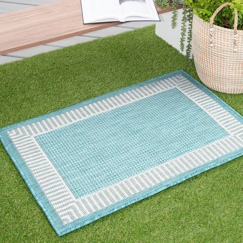 Exo Coastal Striped Border Indoor/ Outdoor Area Rug - 2' x 2'11'' - Aqua/Cream