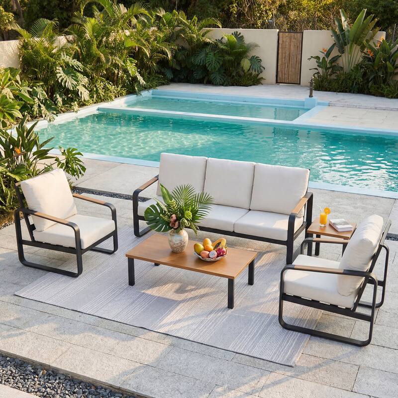 5-Piece Outdoor Patio Conversation Set with Cushions - Off-White