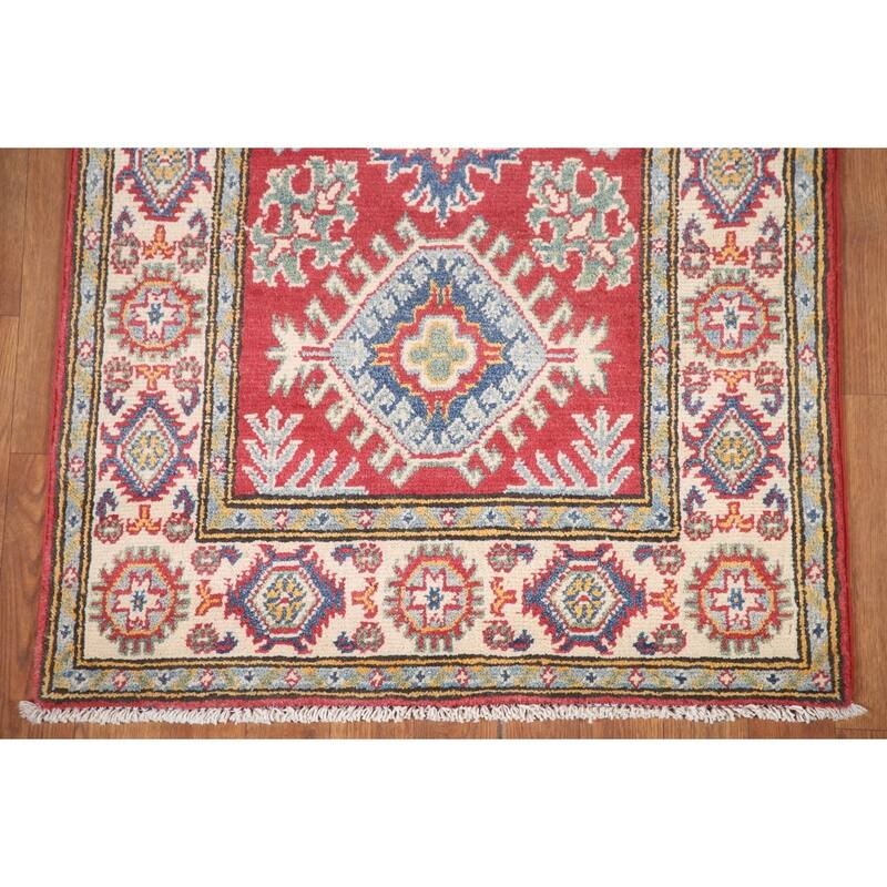 Hand Knotted Oriental 100% Wool Carpet Traditional Geometric Red Kazak Area Rug - 6' 5'' X 2' 8''