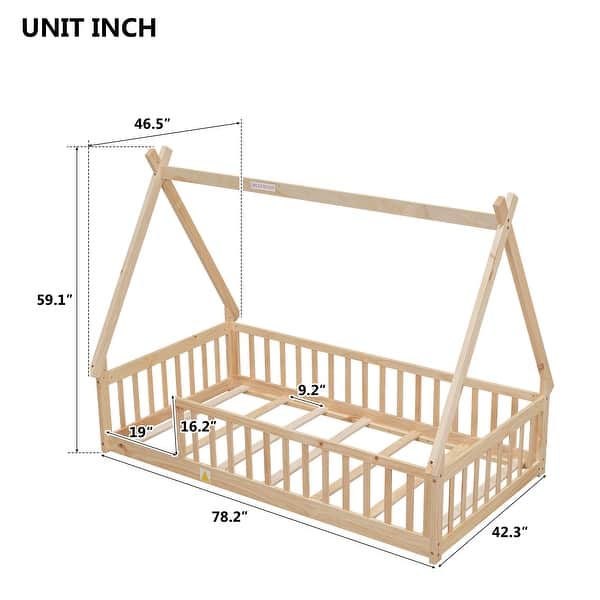 Twin Size Tent-shaped Floor Bed, Teepee Bed with Guardrails, Wooden Montessori Floor Bed Frame for Kids, Kids Bedroom Furniture
