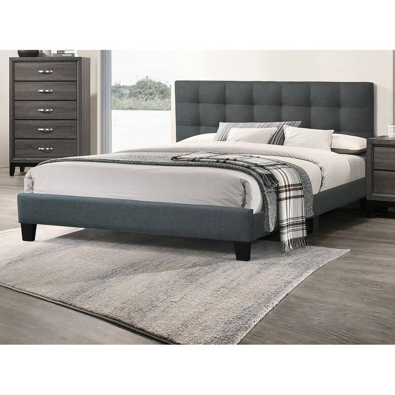 Queen Size Platform Bed with Tufted Upholstered Headboard, Charcoal Polyfiber Fabric, Modern Design