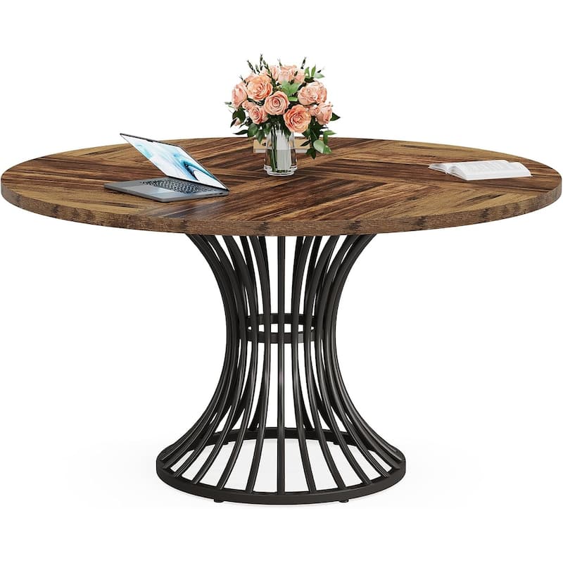 Wood and Metal Round Dining Table for 4 to 6 People - 46.85” x 46.85” x 29.92” - Brown