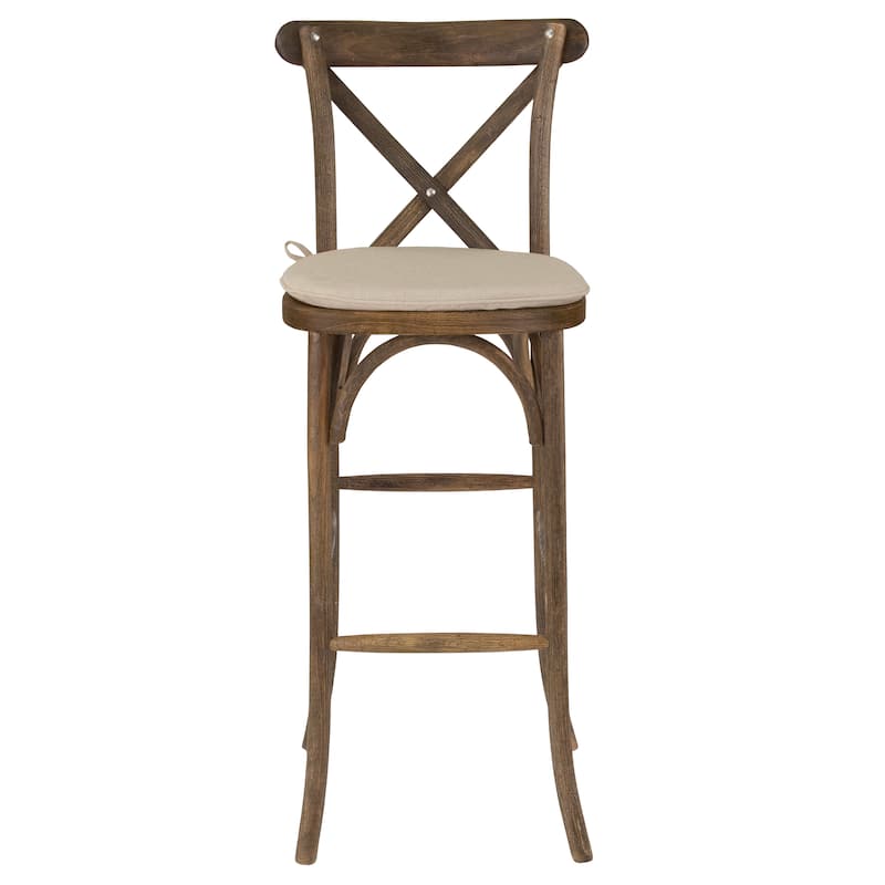 350lb. Rated Dark Antique Wood Cross Back Stackable Barstool with Cushion - 13.75"D x 13" - 17.5"W x 43"H