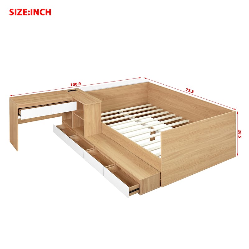 Full Size Wooden Platform Bed With 6 Drawers, Shelves And Dressing Table