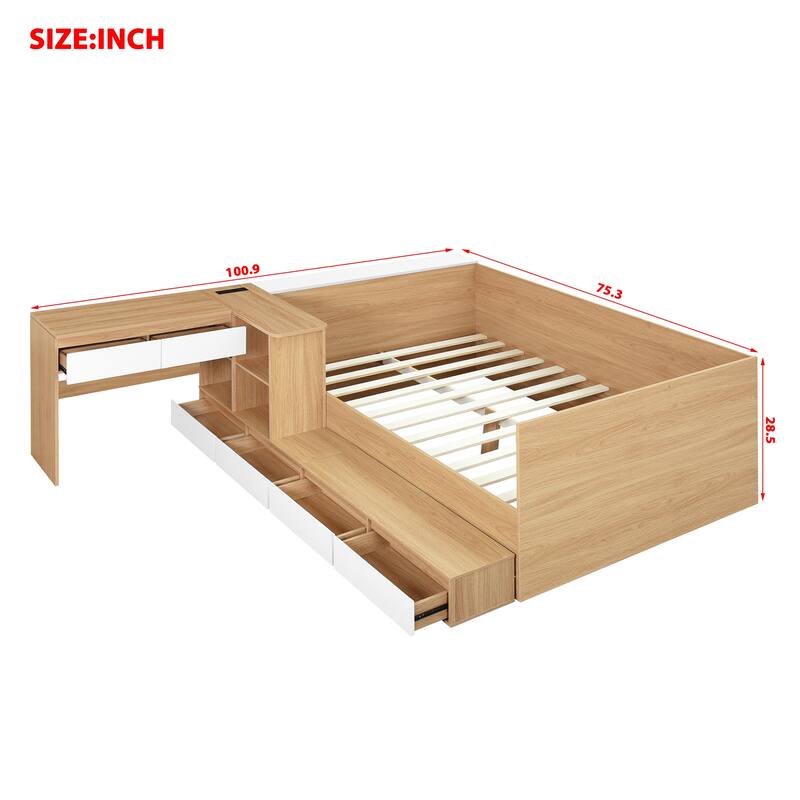Wooden Platform Bed with L Shaped Dressing Table, Full Size Storage Bed Frame with 6 Drawers, Shelves and Storage Headboard