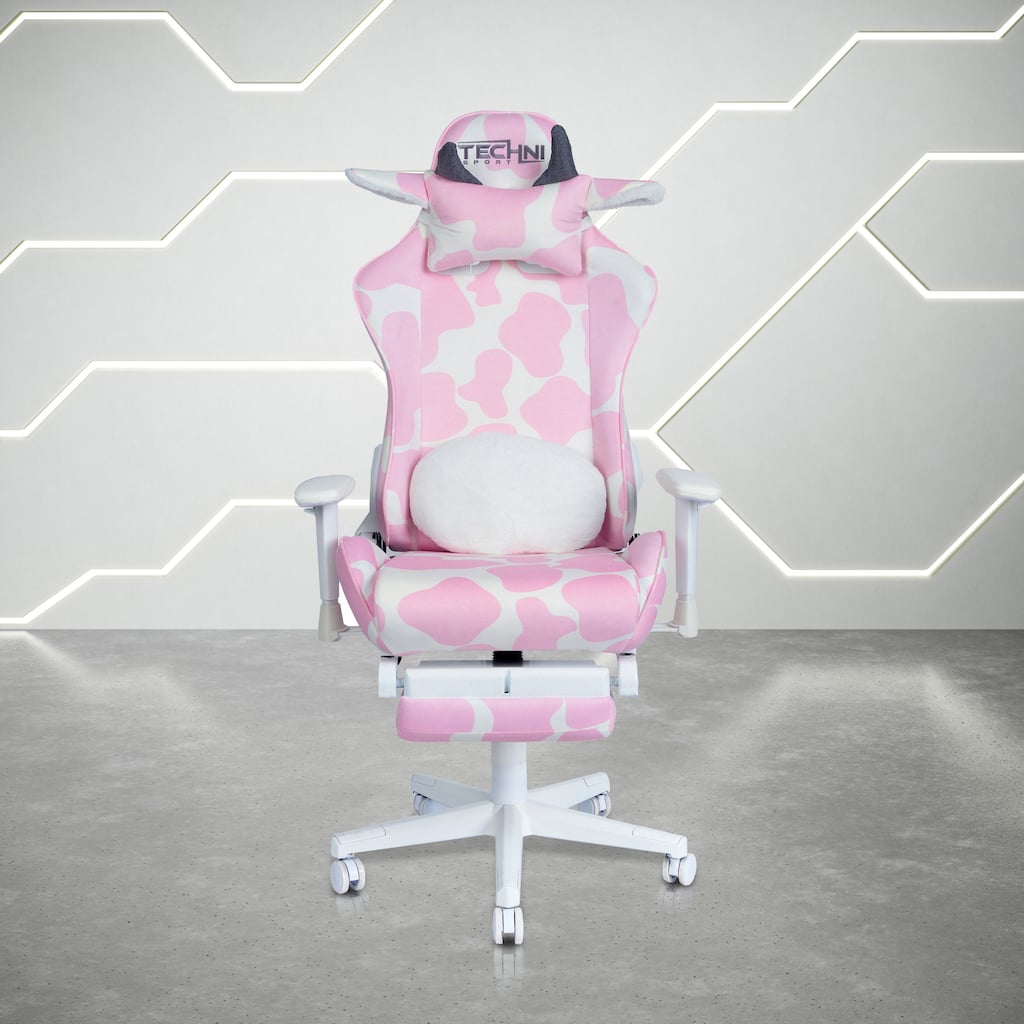 Gaming Chair With Footrest,Pink & White Cow Print Velvet-Like Fabric High-Quality Memory Foam Seat