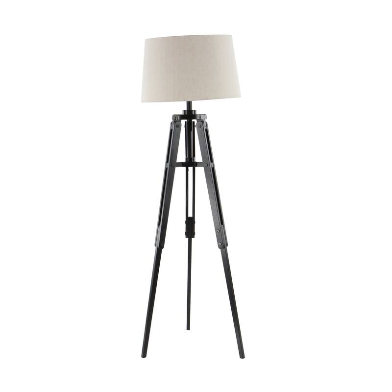 Black Wood Tripod Room Floor Lamp with Cream Linen Shade
