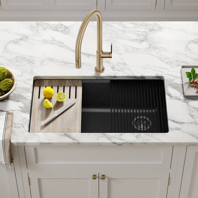 KRAUS Bellucci Workstation Undermount Granite Composite Kitchen Sink - 32" L x 19" W (sink KGUW2-33MBL) w/ KWD100-100MBL - Metallic Black Sink with Black Garbage Disposal