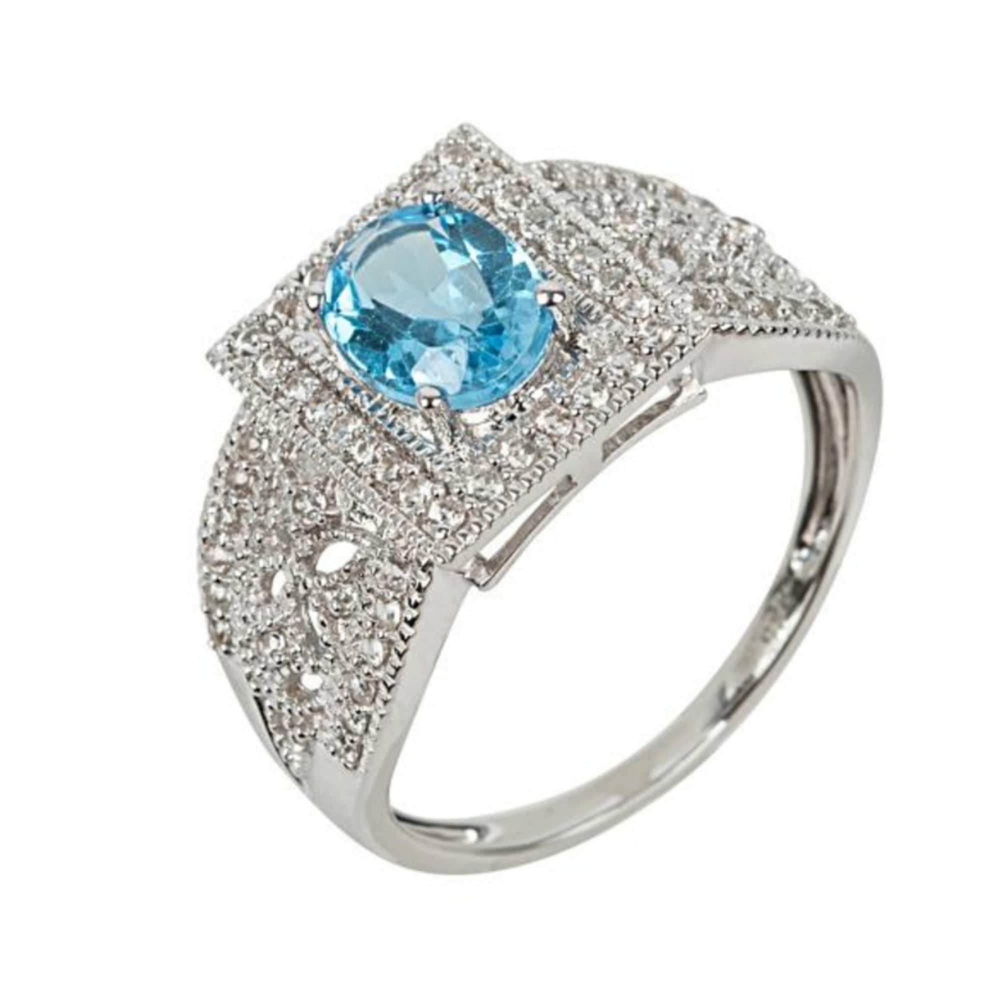 Pinctore 925 Sterling Silver Swiss Blue Topaz and White Natural Zircon Ring