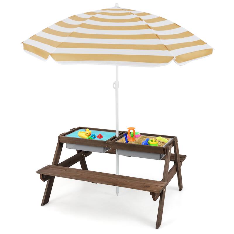 3-in-1 Kids Outdoor Picnic Water Sand Table with Umbrella Play Boxes - Yellow-Brown
