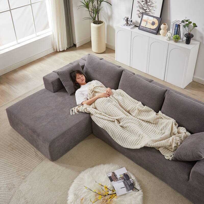 Chenille Upholstered Sectional Daybed Modular Sleeper Couch L Shape Sofa with Chaise Lounge & 6 Pillows for Living Room Loveseat