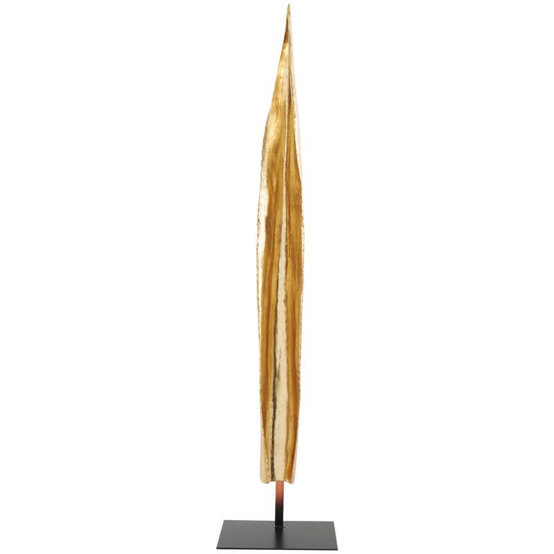 Gold Polystone Slim Abstract Leaf Sculpture with Black Metal Stand