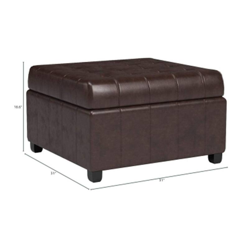 Cindy Storage Ottoman, 31 Inch Birch Wood, Brown Waffle Faux Leather