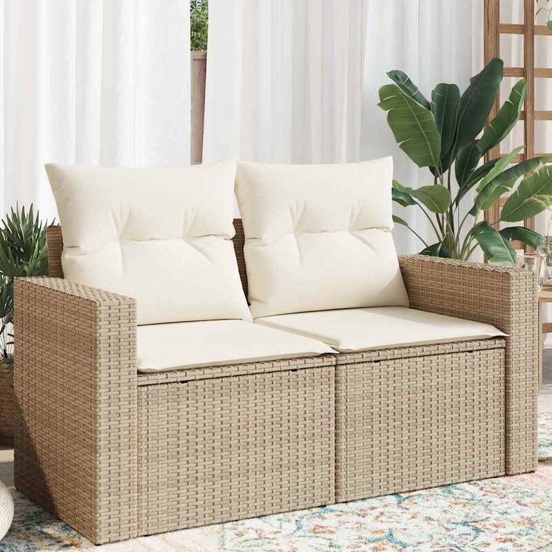 vidaXL Patio Sofa with Cushions 2-Seater Modular Couch Loveseat Poly Rattan - 24.4 x 51.6 x 27.2 in - Beige and cream with storage