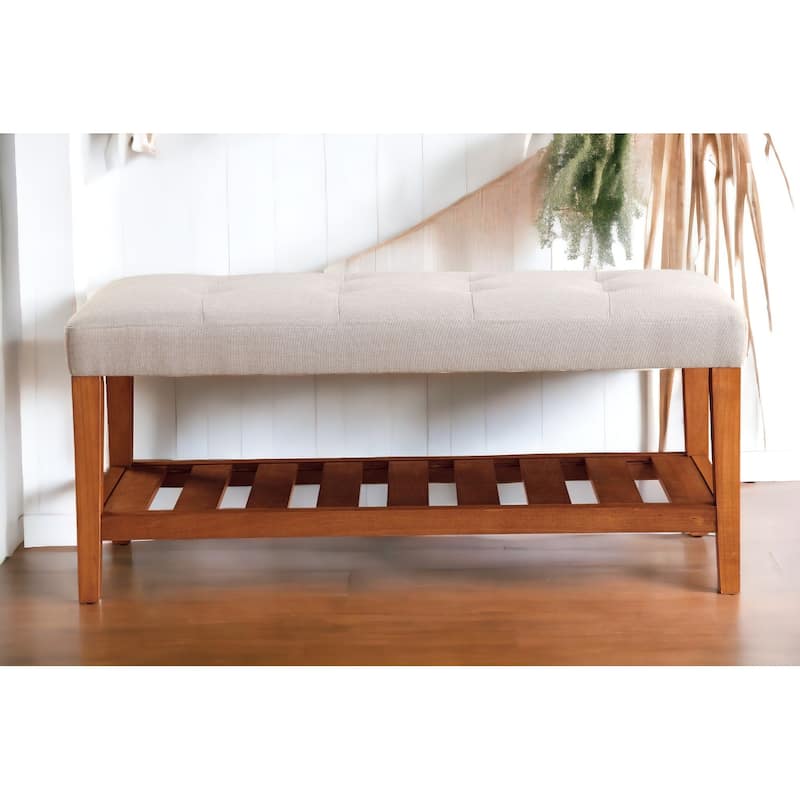 Fabric Upholstered Storage Bench with Slatted Shelf and Tapered Legs