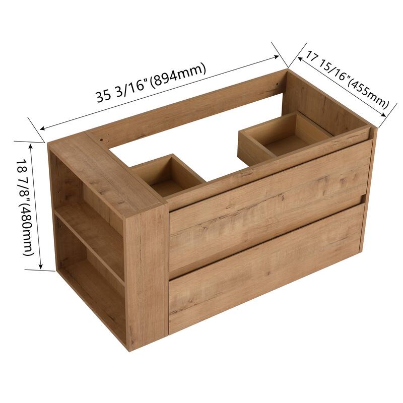 36" Wall-Mounted Bathroom Vanity, Double Soft-Close Drawers, Adjustable Side Rack, 45° Bevelled Invisible Handle