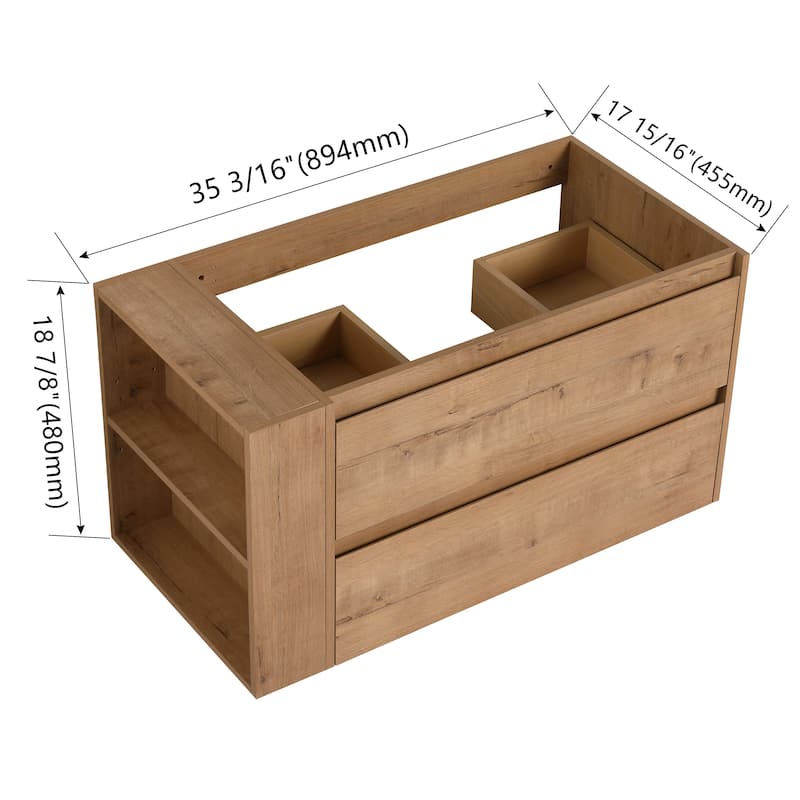 36 Inch Wall-Mounted Bathroom Vanity Base with Soft-Close Drawers, Adjustable Side Shelf and Angled Edge Handles
