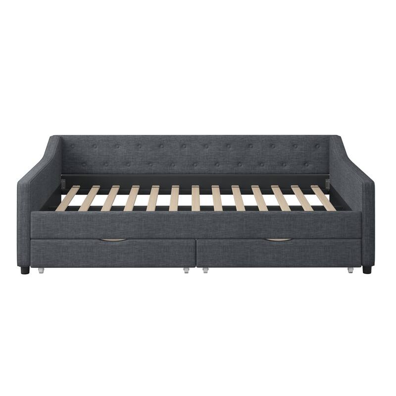 Modern Sofa Bed with Two Large Storage Drawers and Waved Arms Design