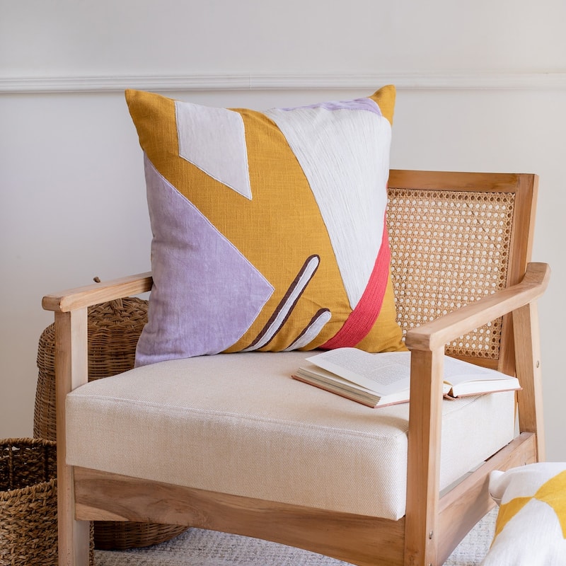 HomeRoots 20" X 20" Yellow Purple Off-White And Coral 100% Cotton Abstract Zippered Pillow