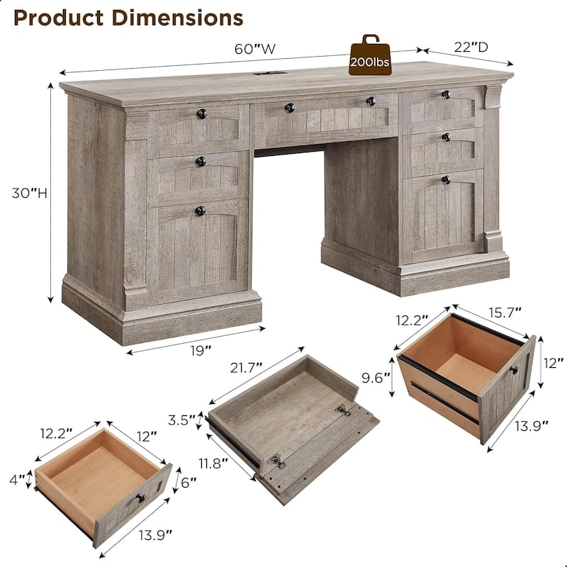 Farmhouse Computer Desk, Wood Home Office Desk with Charging Station