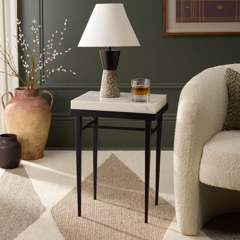SAFAVIEH Home Eldin Marble Side Table - 17"W x 12"D x 23"H - Cream/Black