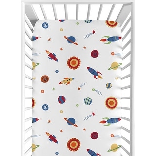 Sweet Jojo Designs Outer Space Themed Boy Fitted Crib Sheet Navy Blue Red Yellow Galaxy Moon Stars Planets Abstract Outerspace