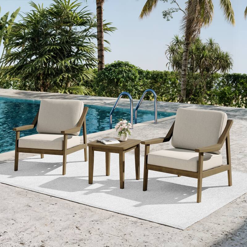 3-piece Teak Modern Cushioned Club Chairs Set Patio Bistro Set - NaturalFrame-Light Camel