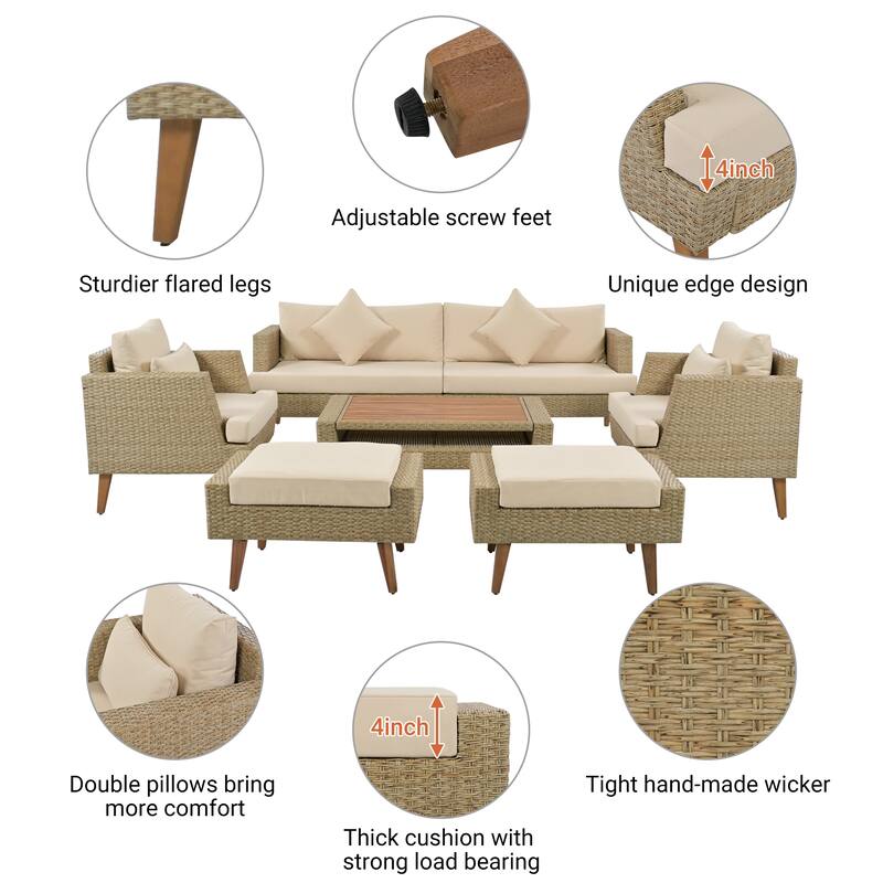 All-Weather PE Wicker Sofa Set with Double Cushions & Wood Legs, 6-Piece Outdoor Rattan Sectional