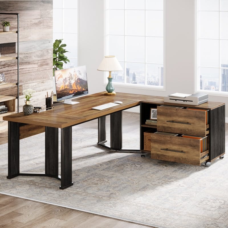 Brown Wood L Shaped Executive Desk Computer Desk with File Cabinet