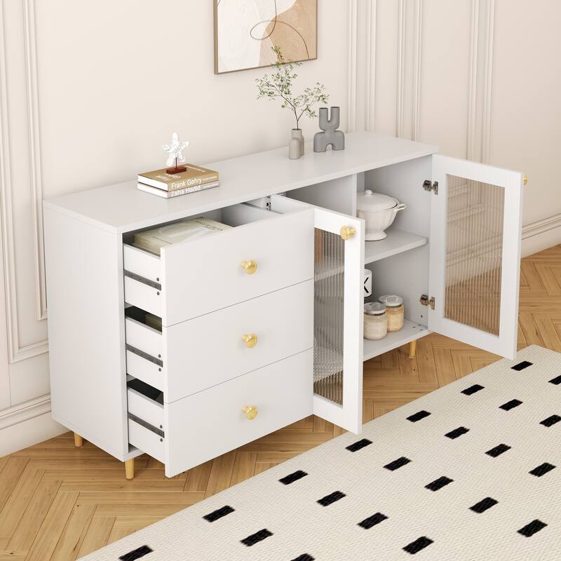 Freestanding Buffet Cabinet with Shelves and Drawers, Elegant Sideboard Cabinet Accent Cabinet with Carved Glass Doors - White