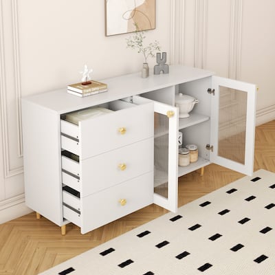 Modern Buffet Storage Cabinet 3 Drawers Sideboard w/ Toughened Glass Doors, Versatile Storage Cabinet Coffee Bar Cabinet, White