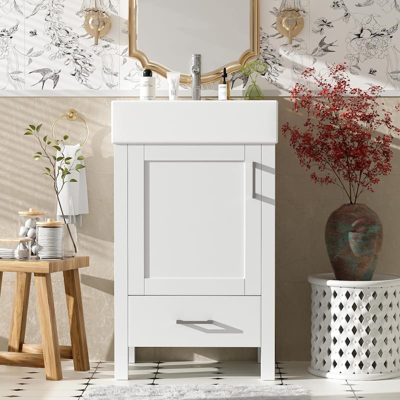 20.28'' Black Modern Bathroom Vanity with Ceramic Sink, Solid Wood Frame and Drawer - White