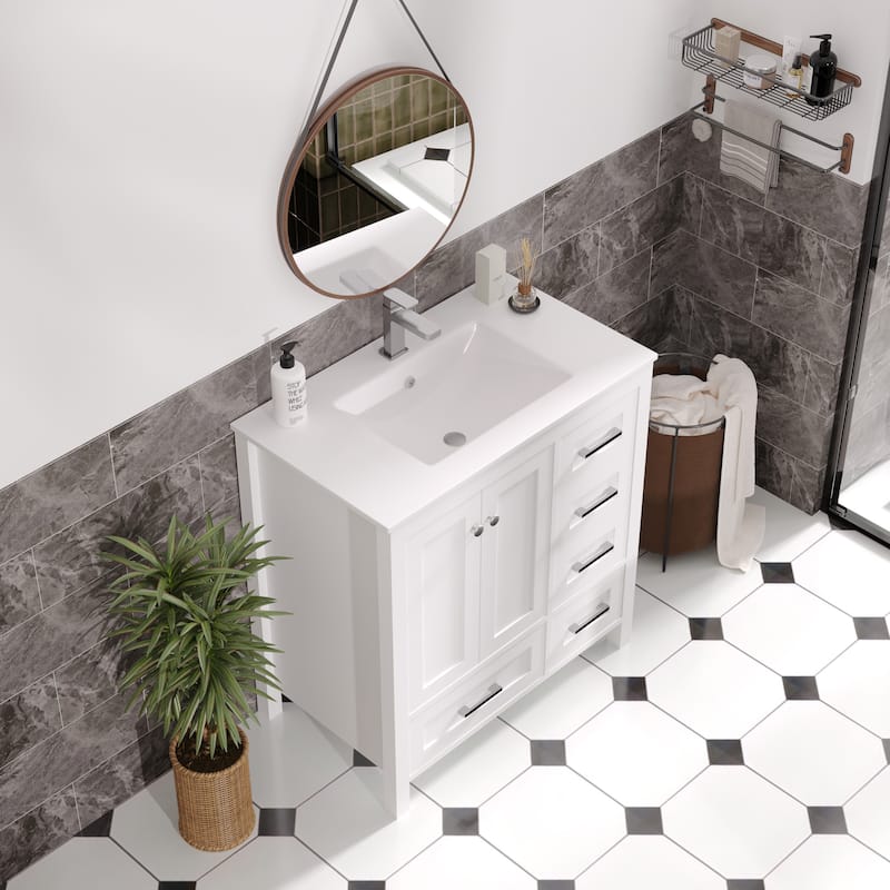 EROMMY All-in-One Bathroom Vanity with Ceramic Sink, Soft-Close Storage Cabinet & Drawer, Glossy Countertop, White