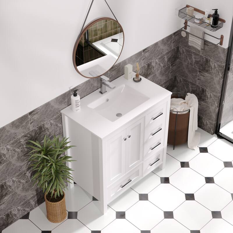 Modern Bathroom Vanity with Ceramic Sink, Soft-Close Storage Cabinet and Glossy Easy-Clean Countertop